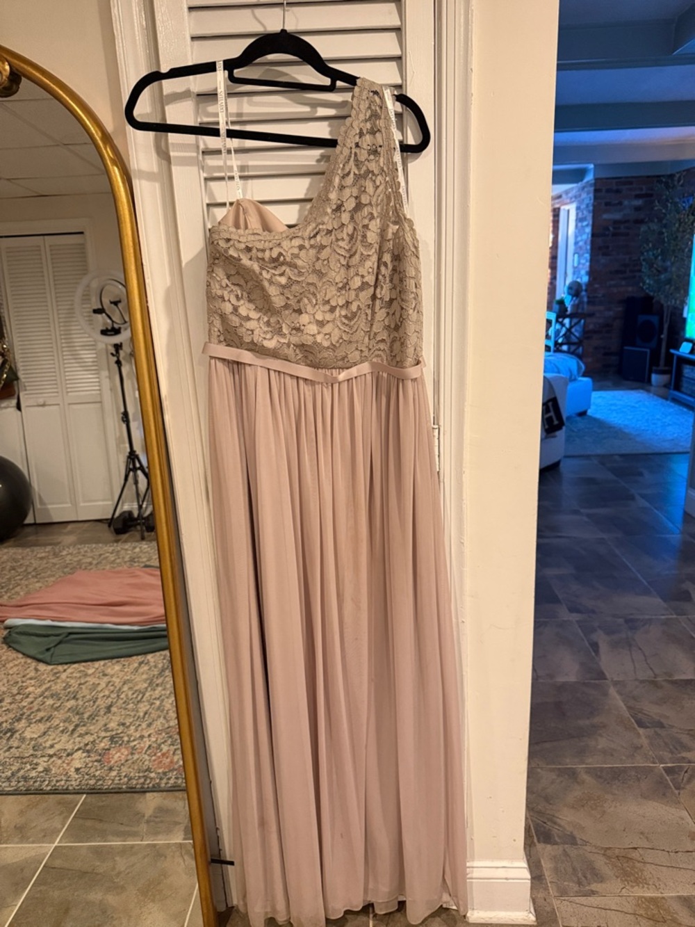 David's Bridal One-Shoulder Blush Pink and Champagne Lace Gown